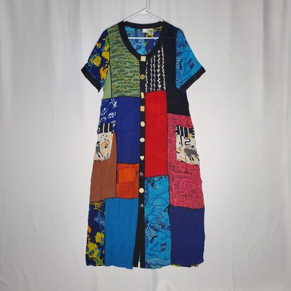 La Cera Crinkle Button Front Dress Medium Patchwork Pocket Artsy Shabby Chic - Picture 10 of 10